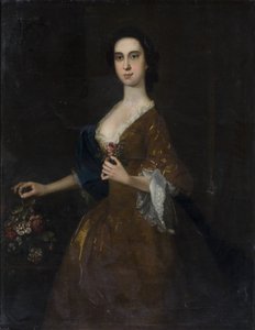 Porträtt av en dam i röd klänning av English School